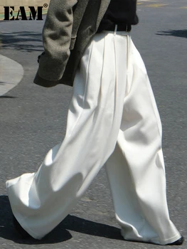 [EAM] Kõrge Vöökoht Valge Plisseeritud Pikk Lai Jalg Elegantsed Püksid Uued Loose Fit Püksid Naiste Mood Tõusulaine Kevad Sügis 2023 1DF2195