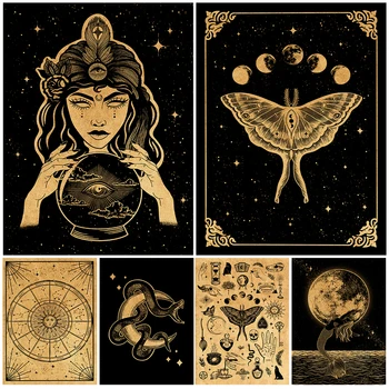 Abstraktne Witchy Seina Art Päike Ja Kuu Ööliblikas Must Nõid Ennustaja Art Print Astroloogia Müstiline Kunstniku Plakat Ja Prindib