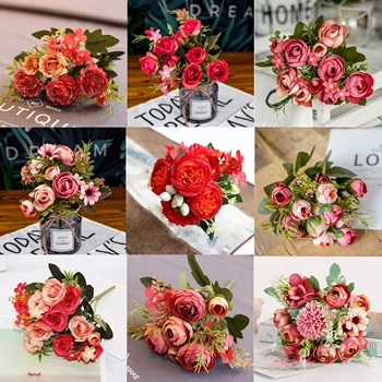 punane tehislilled Pojeng Tee Rose Sügisel Silk Võltsitud Lilled DIY elutuba Kodu Aias Pulm Teenetemärgi