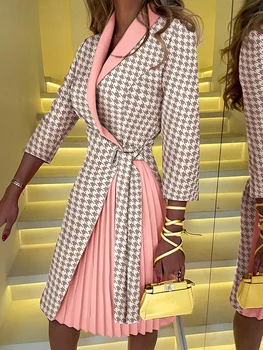 2022 Sügisel Kleidid Naistele Houndstooth Prindi Plisseeritud Detail Bleiser Kleit Vestidos De Mujer Vabaaja Office Lady Midi Kleit Rüü