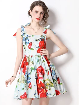 2022 Moekunstnik Suvel Mini Sress Naiste Spagetid Rihm Holiday Beach Flower Print Elegantne Lühike Kleit Vestidos N7099