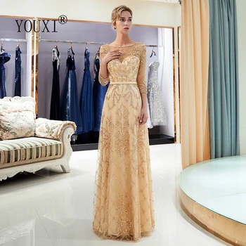 Luksus õhtukleidid 2021 Dubai Beaded Profileerimine Crystal-Line Ametlik Tanssiaiset Kleit koos 3/4 Varrukatega rüü de iltamat