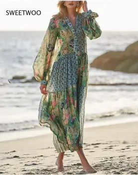 2021 Naiste Riided Suvine Kleit Naiste V-Kaeluse Laterna Ümbris Casual Bohemian Pikk Kleit Beach Kleit