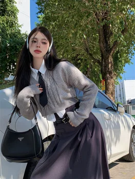 Jaapani Naiste Vintage V-kaeluse lühike hall kampsun Talvel, Kevadel Stiilne Koo Y2K Crop Top Tõmba Kampsunid naine korea Pullover Tops