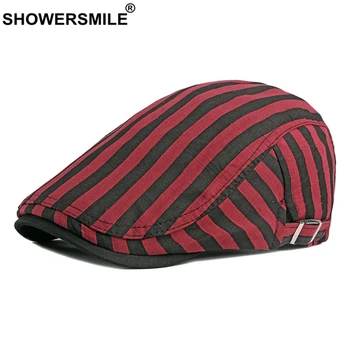SHOWERSMILE Punane Must Triibuline Meeste Baretid 100% Puuvill Briti Stiilis Vintage Korter Mütsid Meeste Kevad-Suvel Kunstnik Müts Chapeau