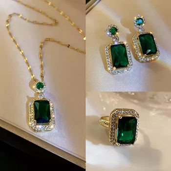 Emerald Tsirkoon Rhinestone Pulmad Pruudi Ehete Komplekti 18K kullatud Vintage Tolknema Kõrvarõngas Ringi Kaelakee Naiste Tüdruk Kingitus