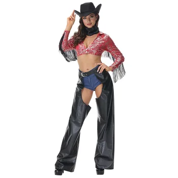 Seksikas Lääne Kauboi Cosplay Kostüüm Kauboi Müts Täiskasvanud Naiste Halloweeni Karneval Väljamõeldud Baari Poole Nahast Püksid Kullatud Trükitud Top