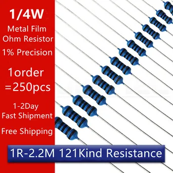 250Pcs Metal Film Resistor 1/4W 1% Elektroonilise Takistid ja Lauatarvete Komplekt Komplekt 1R~2.2 M 1K 2.2 K 4.7 K 10K 100R 220R Täis Oomi Takistus