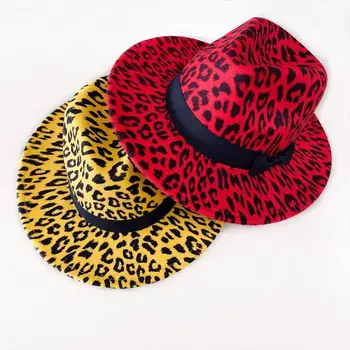 Leopard-print fedora müts kaks värvi vöö tarvikud Panama vildist müts daamid jazz müts kiriku müts meeste шляпа женская